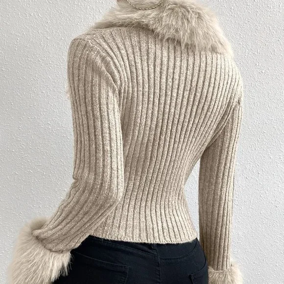 Apricot Preppy Womens Fuzzy Collar Ribbed Knit Cardigan - Picture 2 of 4